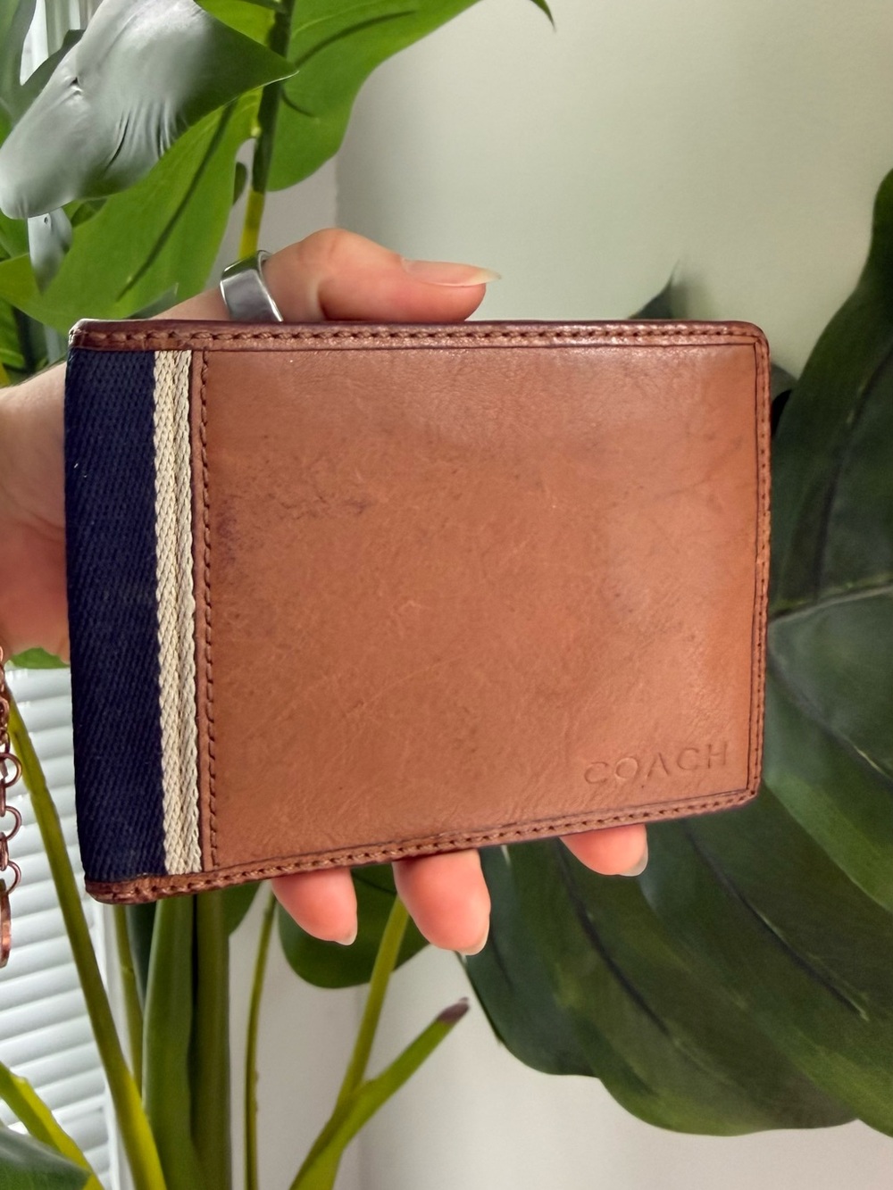 Coach Brown Leather Card Holder with Navy and Cream Stripe